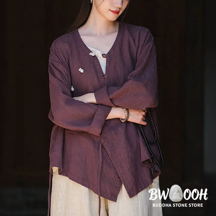 Buddha Stones Solid Color Ramie Linen Loose Blouse Long Sleeve Shirt Chinese Hanfu Top - Long Sleeve Shirt