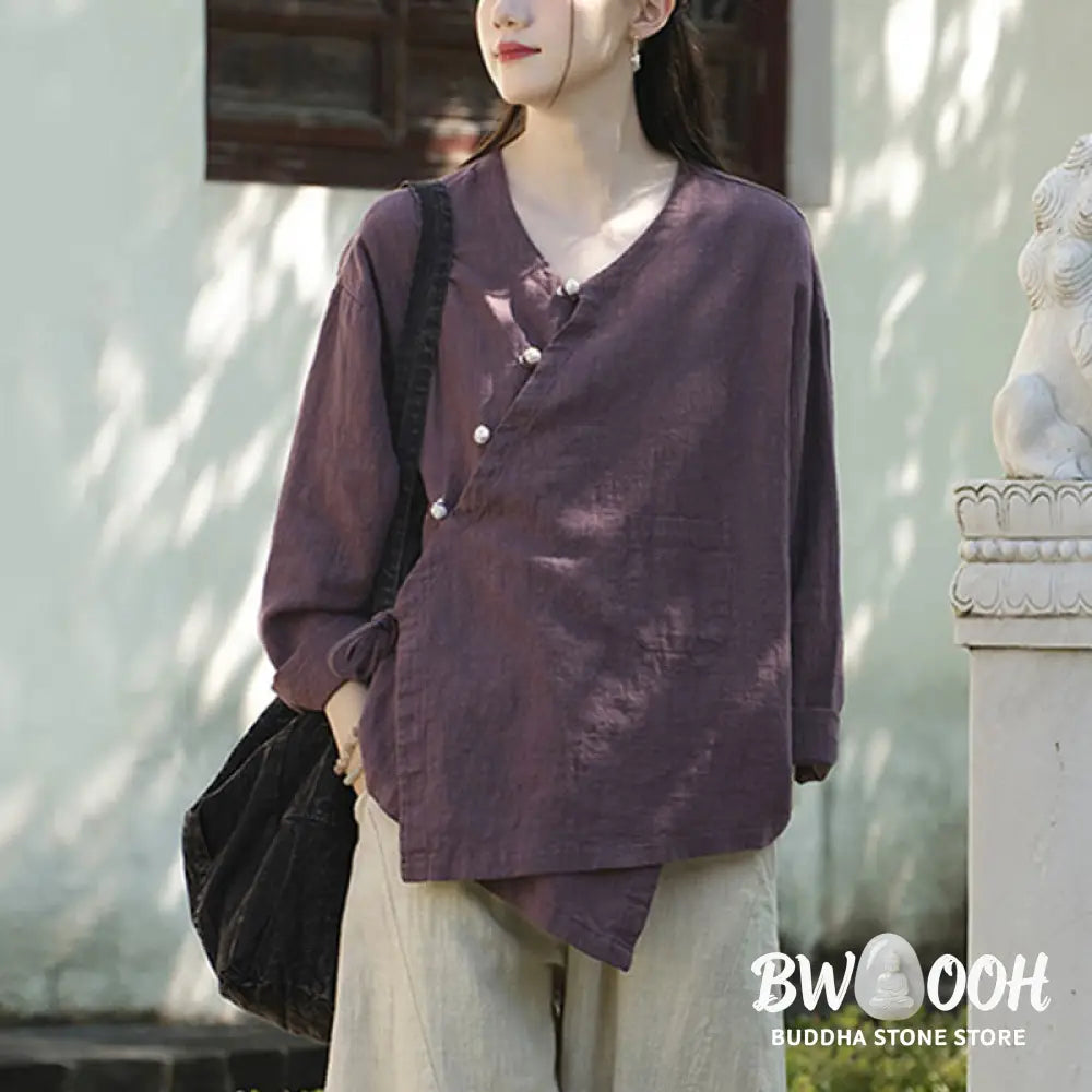Buddha Stones Solid Color Ramie Linen Loose Blouse Long Sleeve Shirt Chinese Hanfu Top - Long Sleeve Shirt