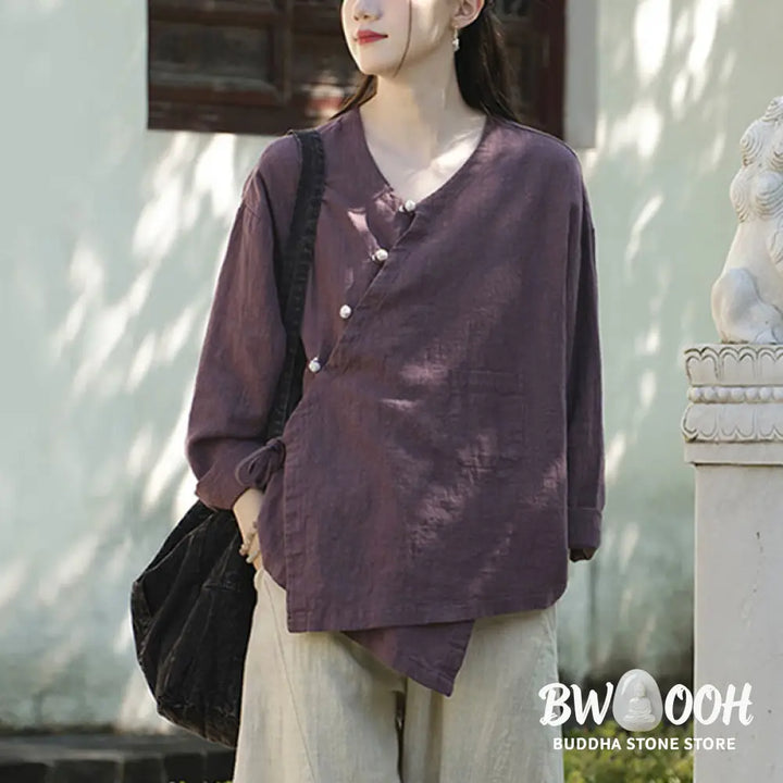 Buddha Stones Solid Color Ramie Linen Loose Blouse Long Sleeve Shirt Chinese Hanfu Top - Long Sleeve Shirt