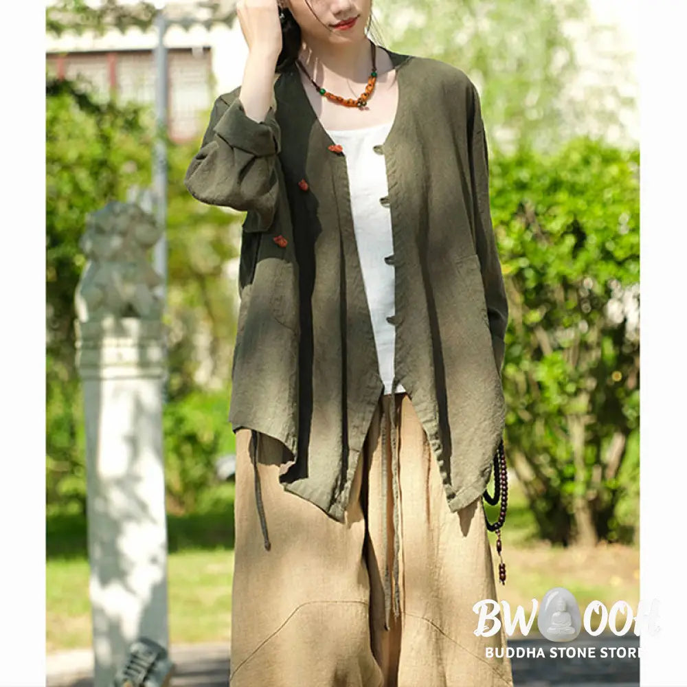 Buddha Stones Solid Color Ramie Linen Loose Blouse Long Sleeve Shirt Chinese Hanfu Top - Long Sleeve Shirt