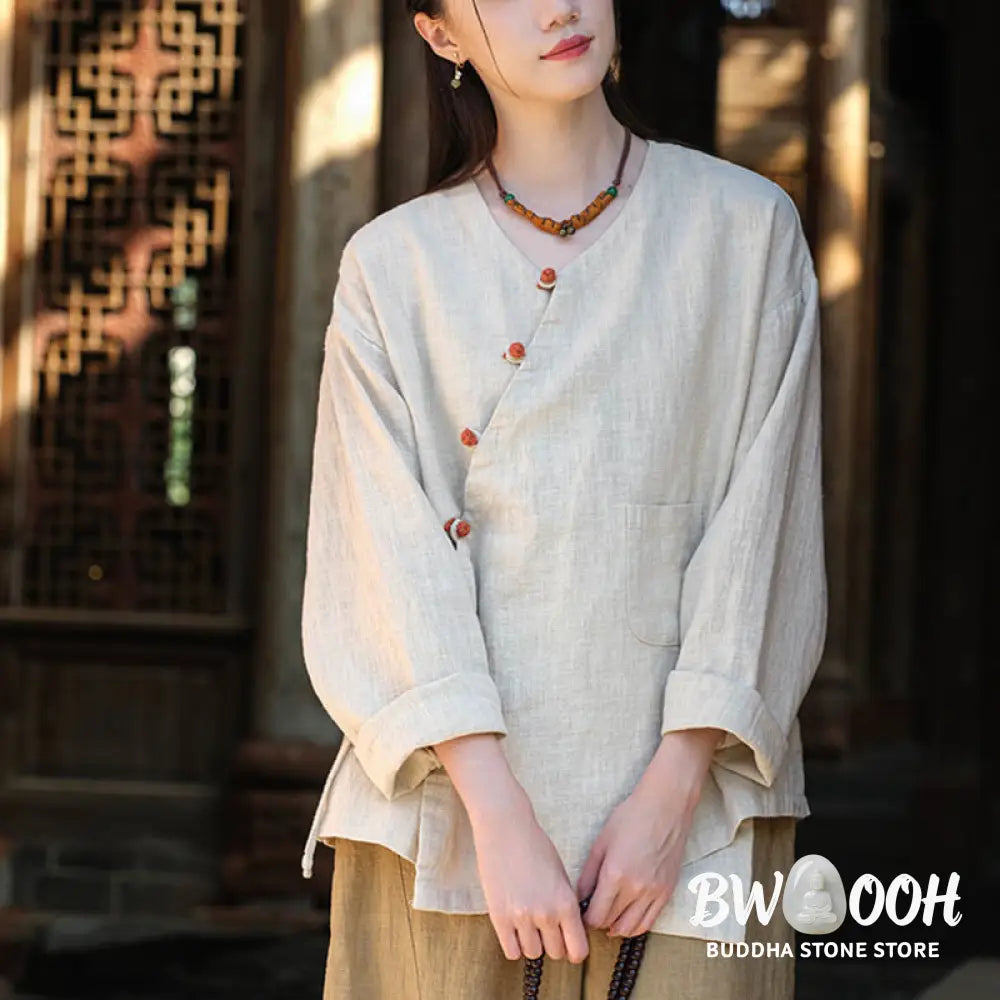Buddha Stones Solid Color Ramie Linen Loose Blouse Long Sleeve Shirt Chinese Hanfu Top - Long Sleeve Shirt