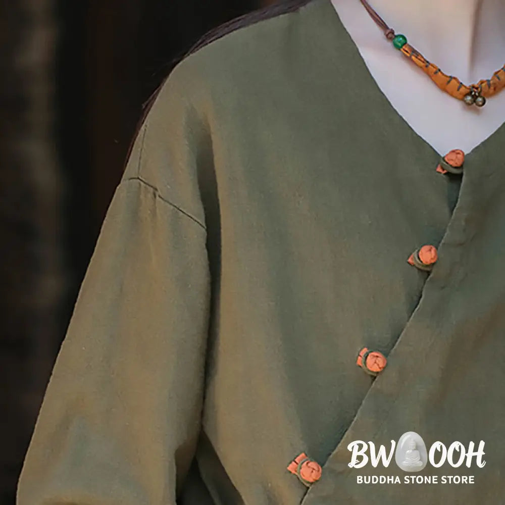 Buddha Stones Solid Color Ramie Linen Loose Blouse Long Sleeve Shirt Chinese Hanfu Top - Long Sleeve Shirt