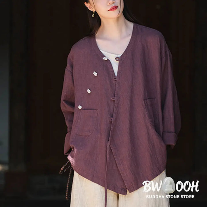 Buddha Stones Solid Color Ramie Linen Loose Blouse Long Sleeve Shirt Chinese Hanfu Top - Long Sleeve Shirt