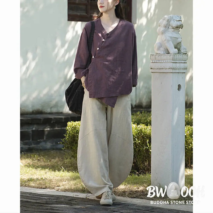 Buddha Stones Solid Color Ramie Linen Loose Blouse Long Sleeve Shirt Chinese Hanfu Top - Long Sleeve Shirt