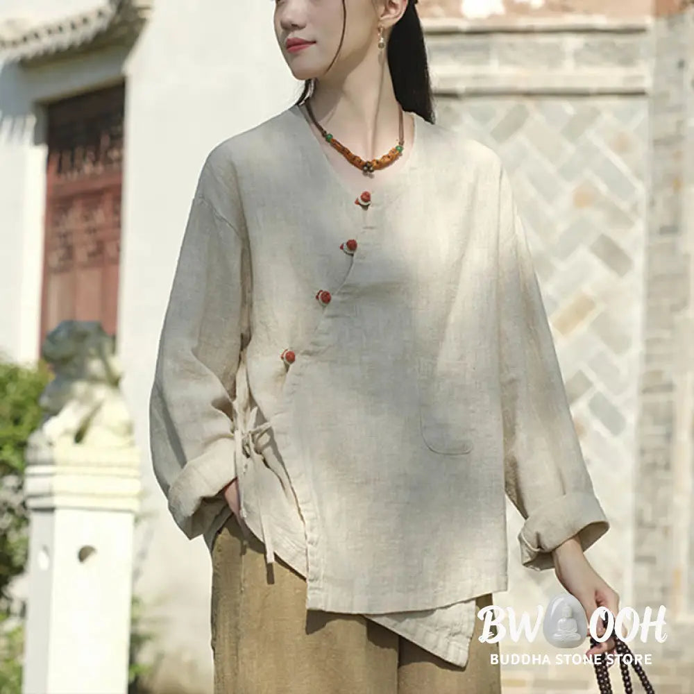 Buddha Stones Solid Color Ramie Linen Loose Blouse Long Sleeve Shirt Chinese Hanfu Top - Long Sleeve Shirt