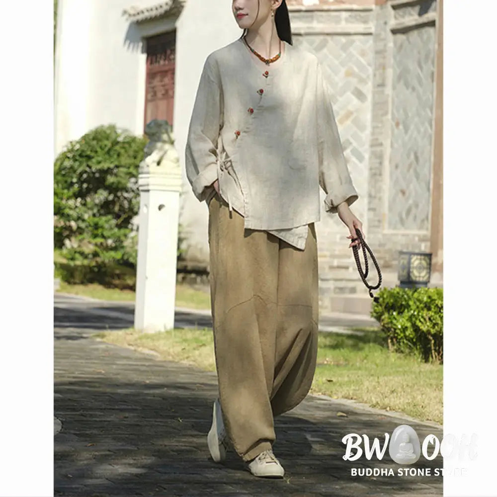 Buddha Stones Solid Color Ramie Linen Loose Blouse Long Sleeve Shirt Chinese Hanfu Top - Long Sleeve Shirt