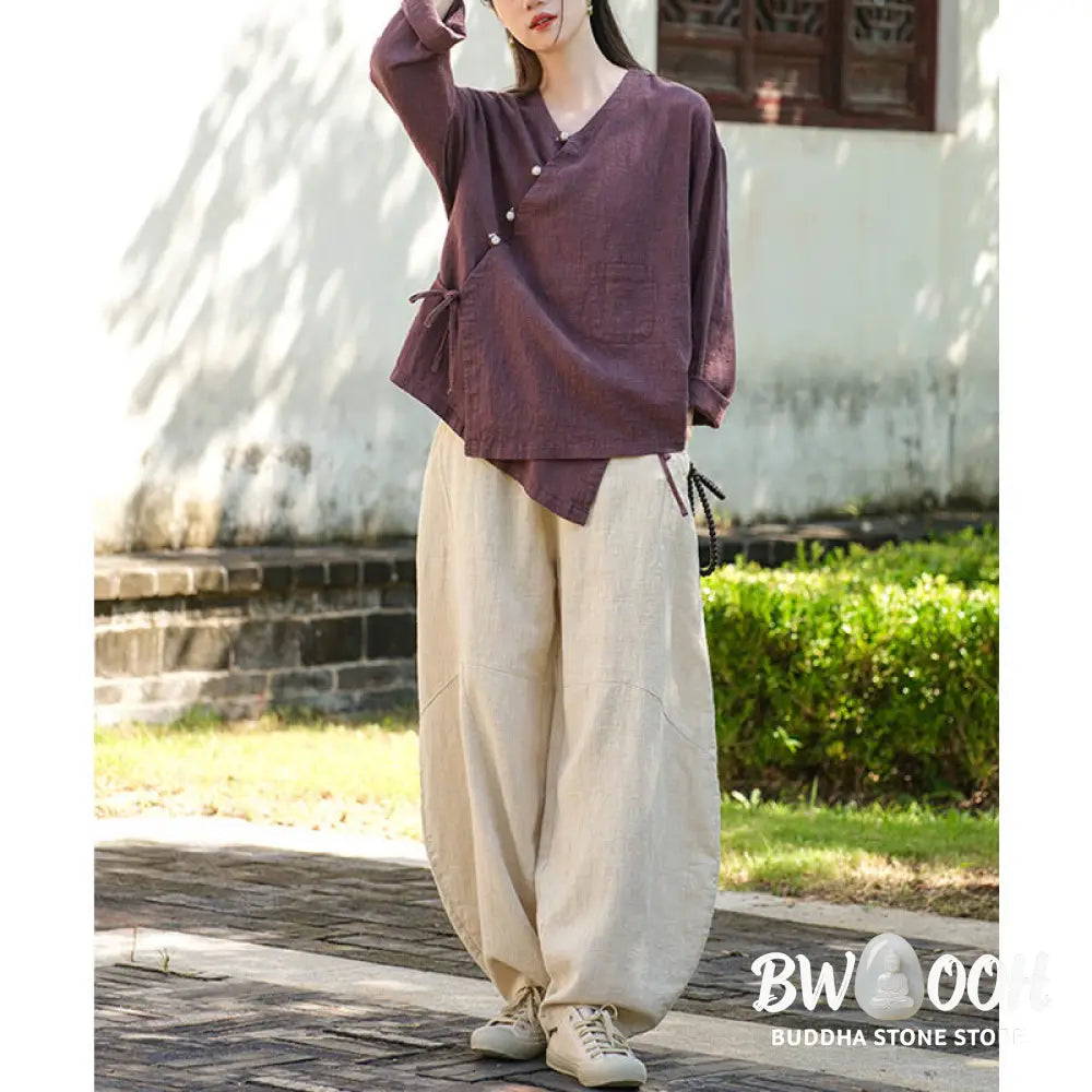 Buddha Stones Solid Color Ramie Linen Loose Blouse Long Sleeve Shirt Chinese Hanfu Top - Long Sleeve Shirt