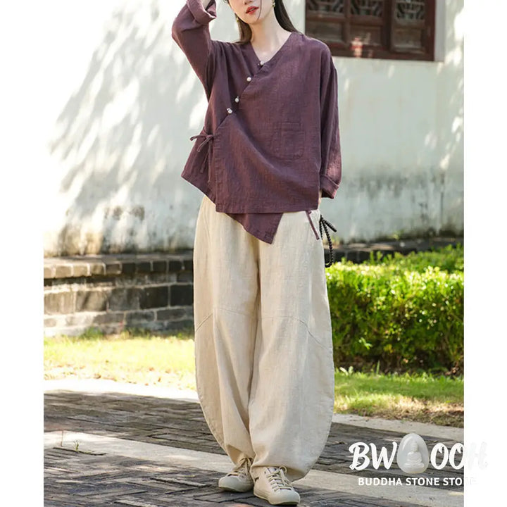 Buddha Stones Solid Color Ramie Linen Loose Blouse Long Sleeve Shirt Chinese Hanfu Top - Long Sleeve Shirt