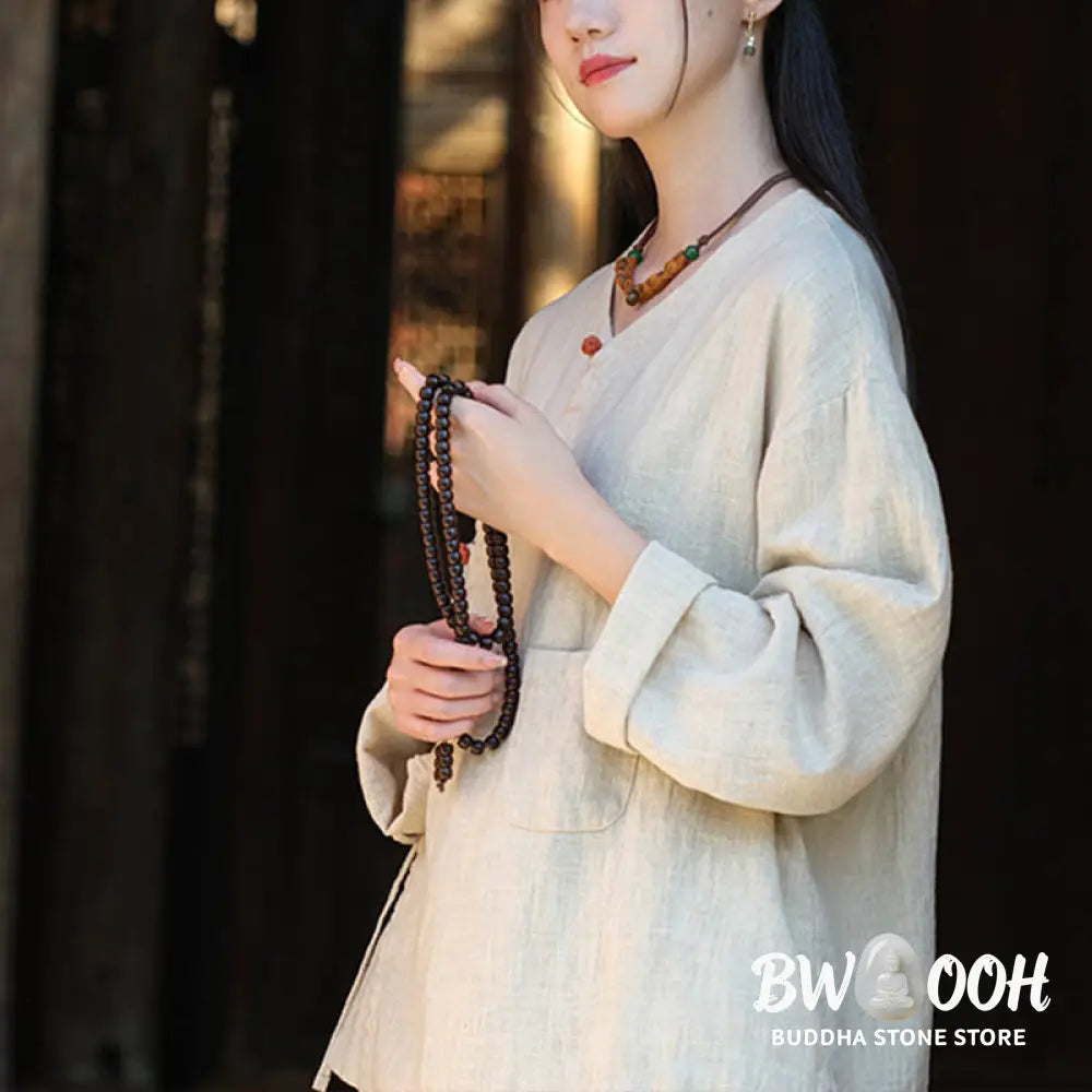 Buddha Stones Solid Color Ramie Linen Loose Blouse Long Sleeve Shirt Chinese Hanfu Top - Long Sleeve Shirt
