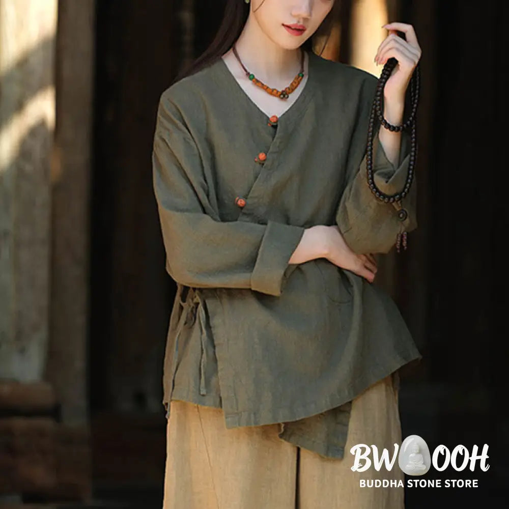 Buddha Stones Solid Color Ramie Linen Loose Blouse Long Sleeve Shirt Chinese Hanfu Top - Long Sleeve Shirt