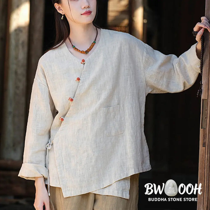 Buddha Stones Solid Color Ramie Linen Loose Blouse Long Sleeve Shirt Chinese Hanfu Top - Long Sleeve Shirt