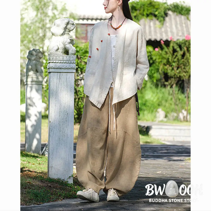 Buddha Stones Solid Color Ramie Linen Loose Blouse Long Sleeve Shirt Chinese Hanfu Top - Long Sleeve Shirt