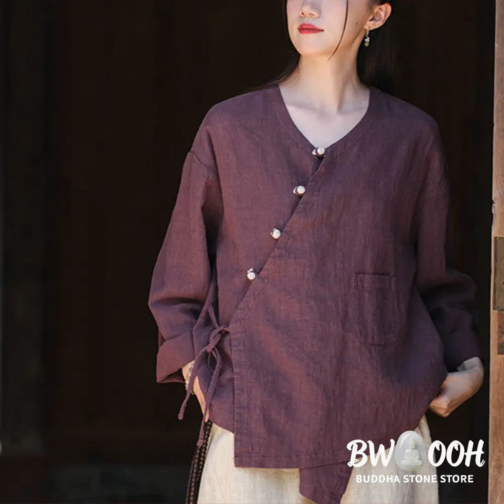 Buddha Stones Solid Color Ramie Linen Loose Blouse Long Sleeve Shirt Chinese Hanfu Top - Long Sleeve Shirt