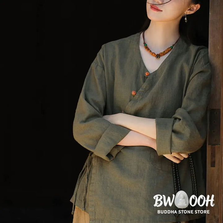 Buddha Stones Solid Color Ramie Linen Loose Blouse Long Sleeve Shirt Chinese Hanfu Top - Long Sleeve Shirt
