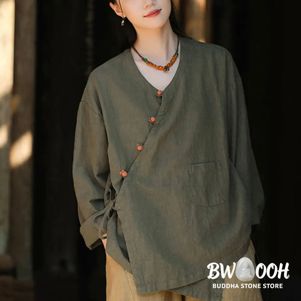 Buddha Stones Solid Color Ramie Linen Loose Blouse Long Sleeve Shirt Chinese Hanfu Top - Long Sleeve Shirt