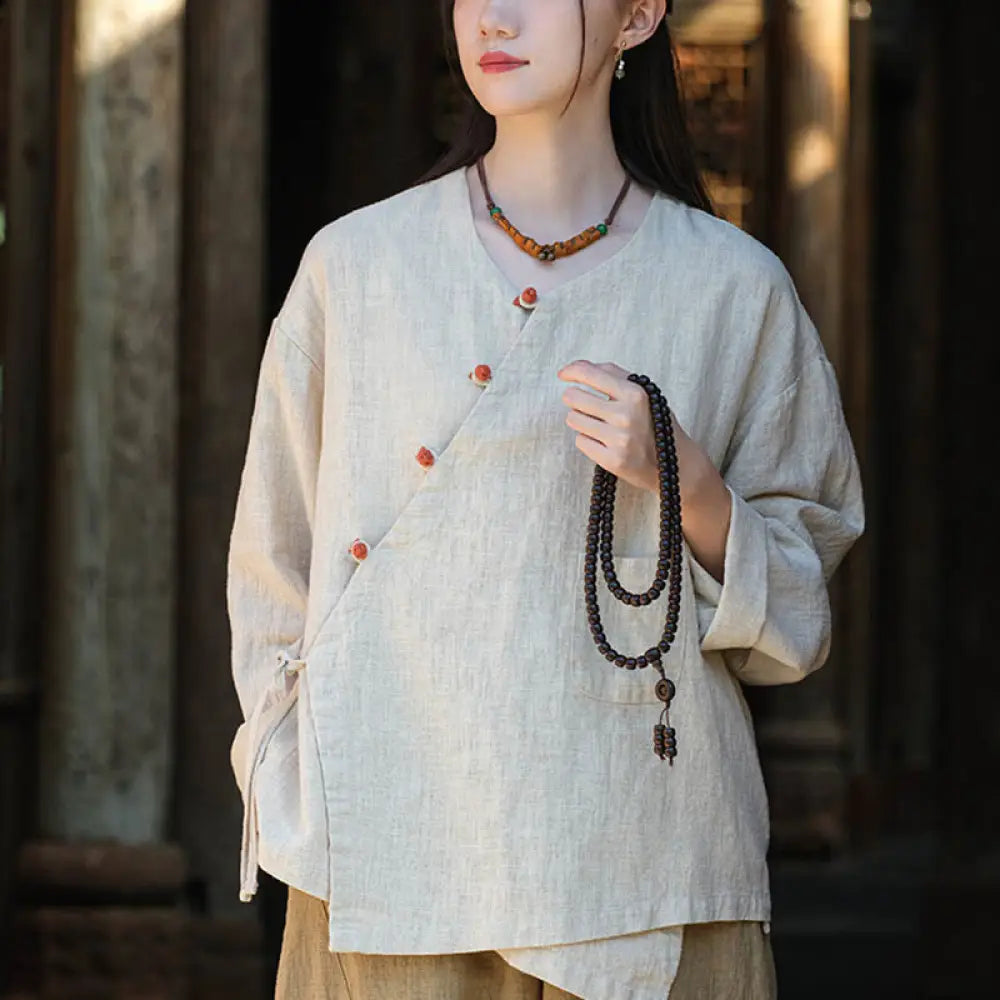 BWOOOH Solid Color Ramie Linen Loose Blouse Long Sleeve S