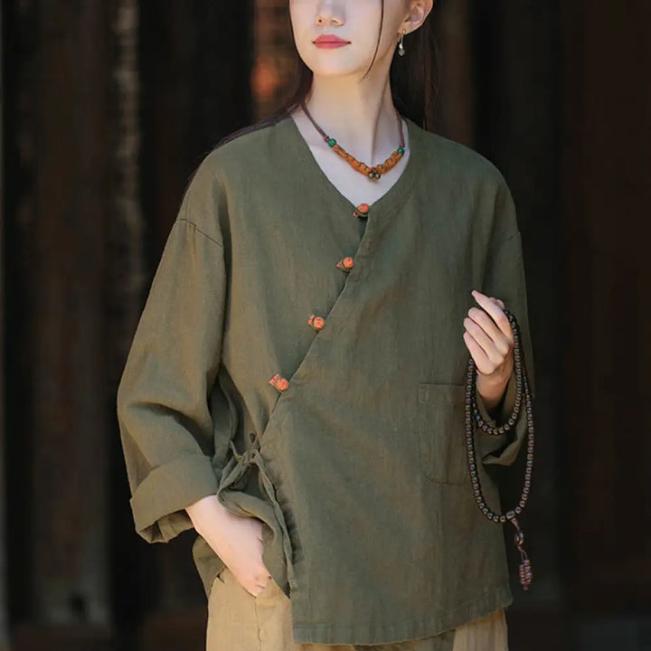 Buddha Stones Solid Color Ramie Linen Loose Blouse Long Sleeve Shirt Chinese Hanfu Top - Green(Bust 116cm)(Top Only)