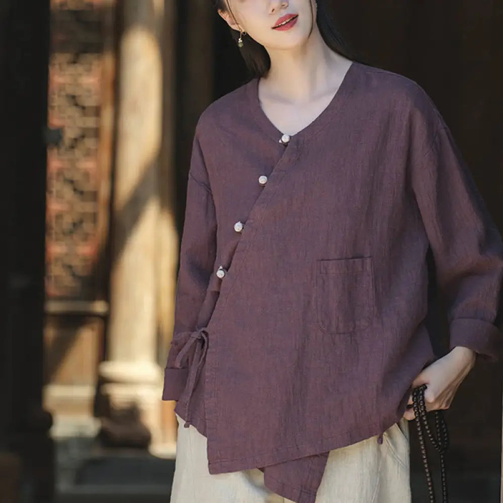 Buddha Stones Solid Color Ramie Linen Loose Blouse Long Sleeve Shirt Chinese Hanfu Top - Purple(Bust 116cm)(Top Only)