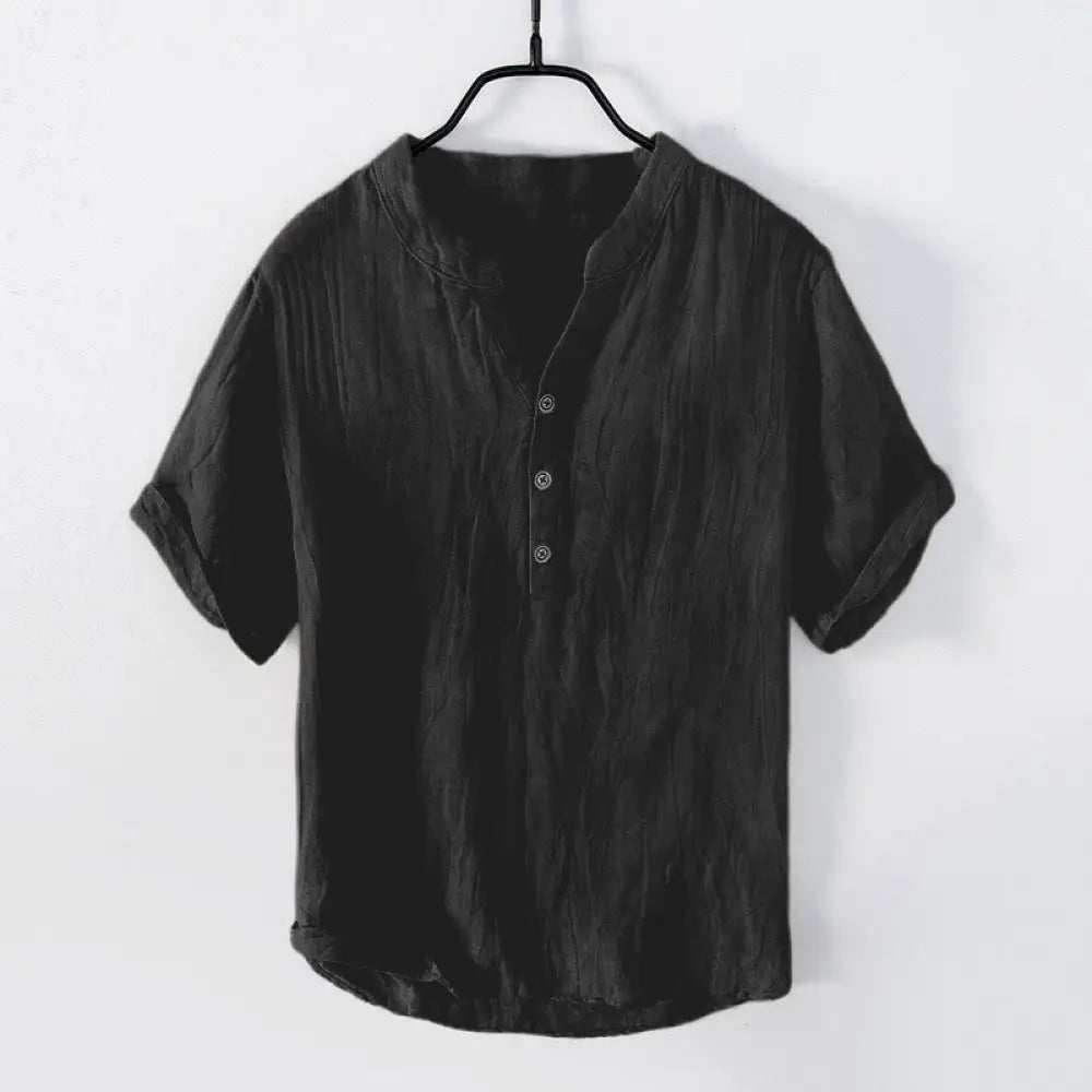 Buddha Stones Solid Color Short Sleeve Half Button Shirt Cotton Linen Men Clothing - Short Sleeve / Black