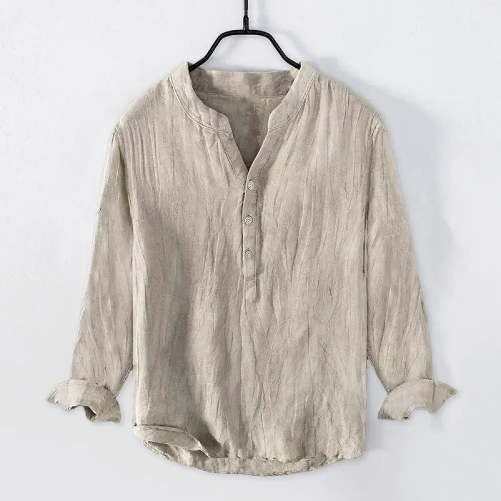 Buddha Stones Solid Color Short Sleeve Half Button Shirt Cotton Linen Men Clothing - Long Sleeve / Linen