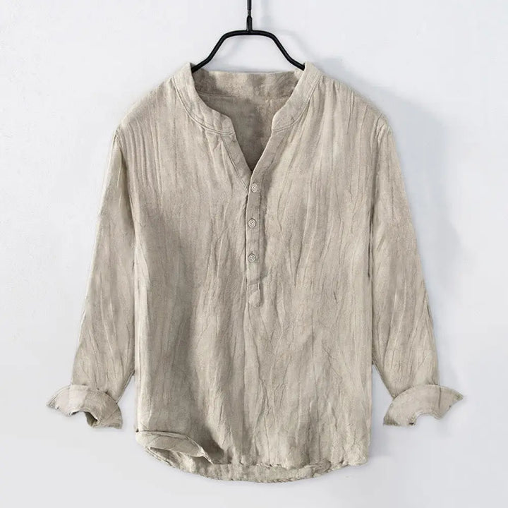 Buddha Stones Solid Color Short Sleeve Half Button Shirt Cotton Linen Men Clothing - Long Sleeve / Linen