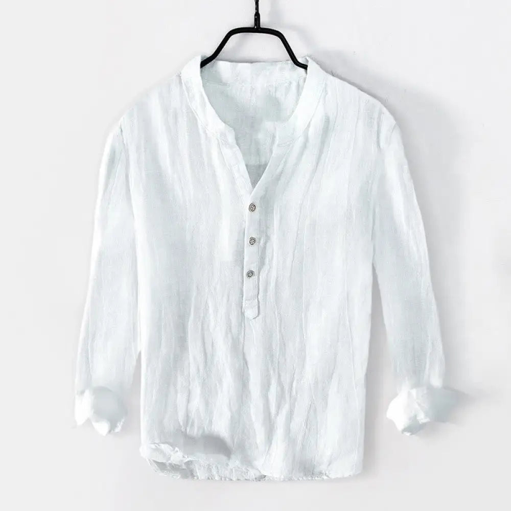 Buddha Stones Solid Color Short Sleeve Half Button Shirt Cotton Linen Men Clothing - Long Sleeve / White