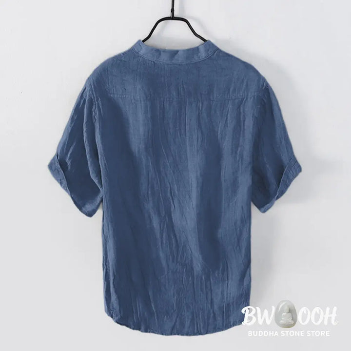 Buddha Stones Solid Color Short Sleeve Half Button Shirt Cotton Linen Men Clothing - Men&