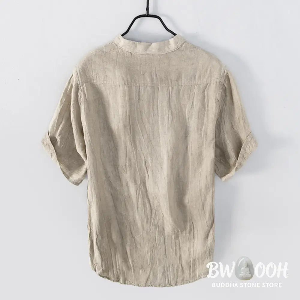 Buddha Stones Solid Color Short Sleeve Half Button Shirt Cotton Linen Men Clothing - Men&