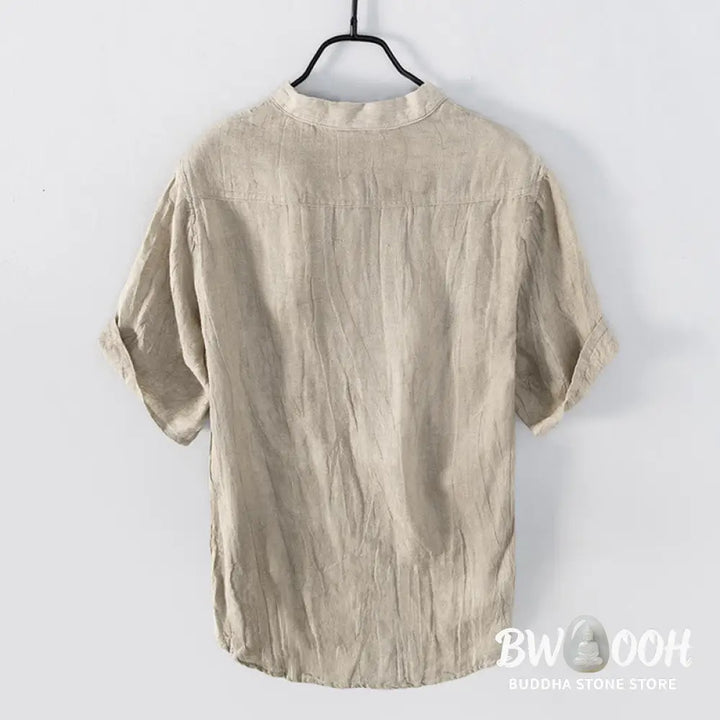 Buddha Stones Solid Color Short Sleeve Half Button Shirt Cotton Linen Men Clothing - Men&