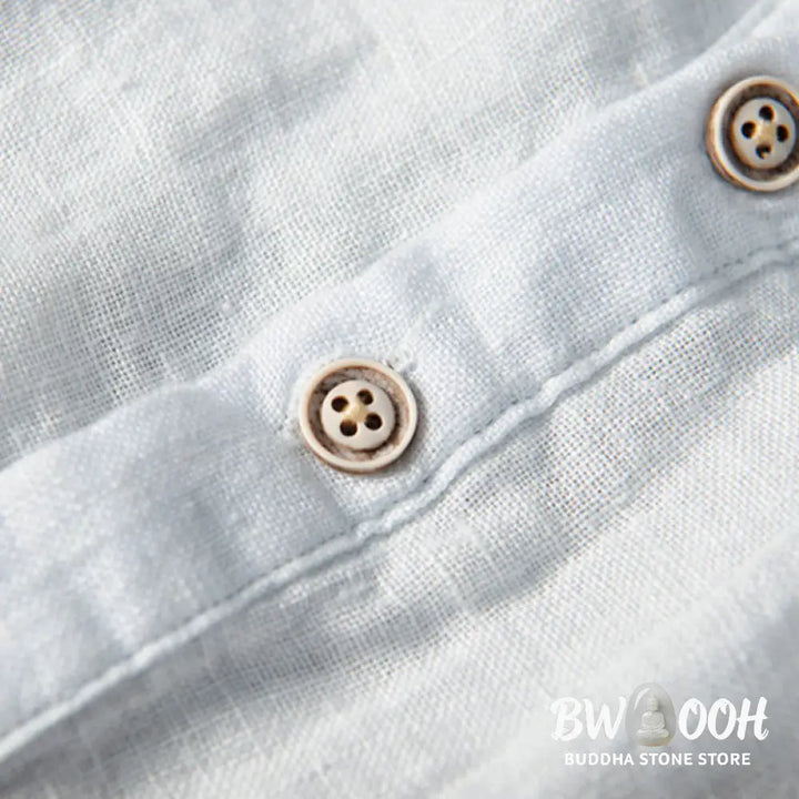 Buddha Stones Solid Color Short Sleeve Half Button Shirt Cotton Linen Men Clothing - Men&