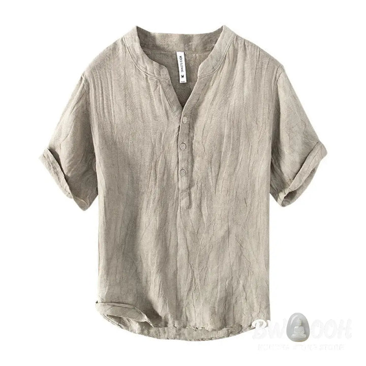 Buddha Stones Solid Color Short Sleeve Half Button Shirt Cotton Linen Men Clothing - Men&