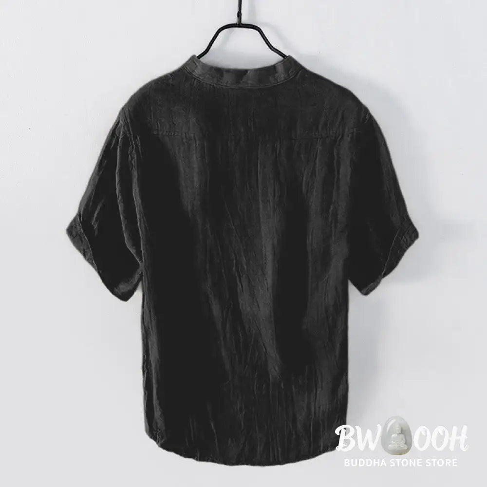 Buddha Stones Solid Color Short Sleeve Half Button Shirt Cotton Linen Men Clothing - Men&