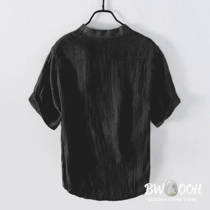 Buddha Stones Solid Color Short Sleeve Half Button Shirt Cotton Linen Men Clothing - Men&