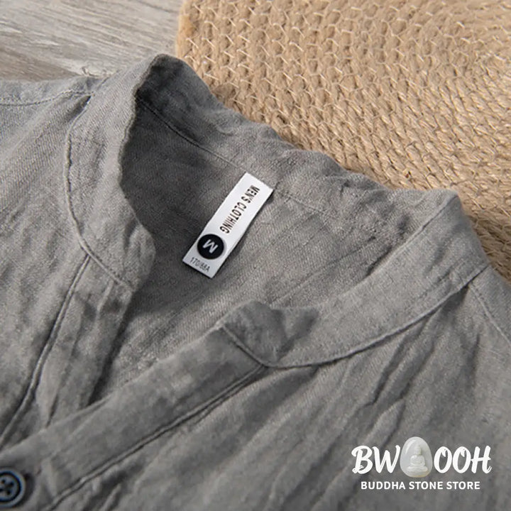 Buddha Stones Solid Color Short Sleeve Half Button Shirt Cotton Linen Men Clothing - Men&