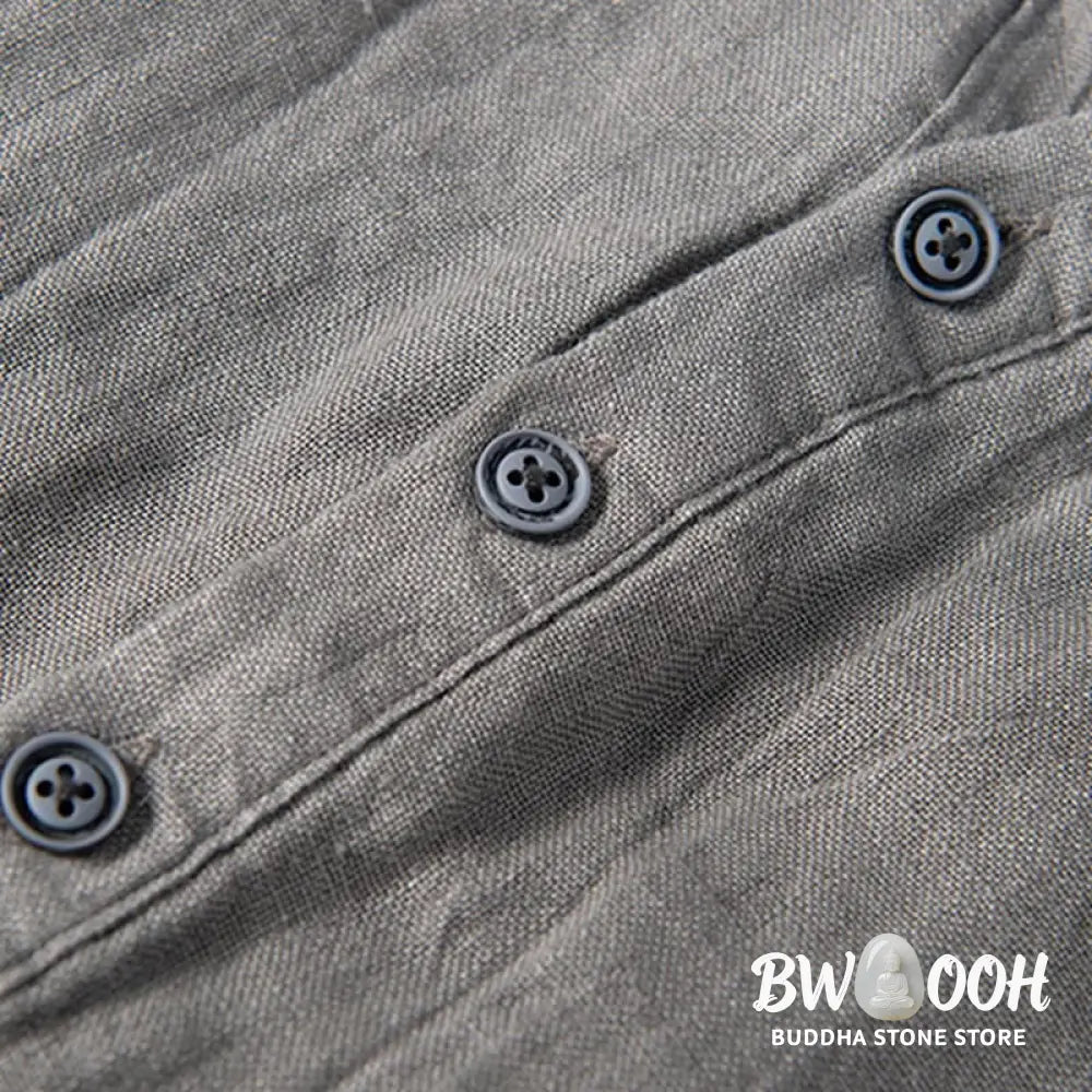 Buddha Stones Solid Color Short Sleeve Half Button Shirt Cotton Linen Men Clothing - Men&