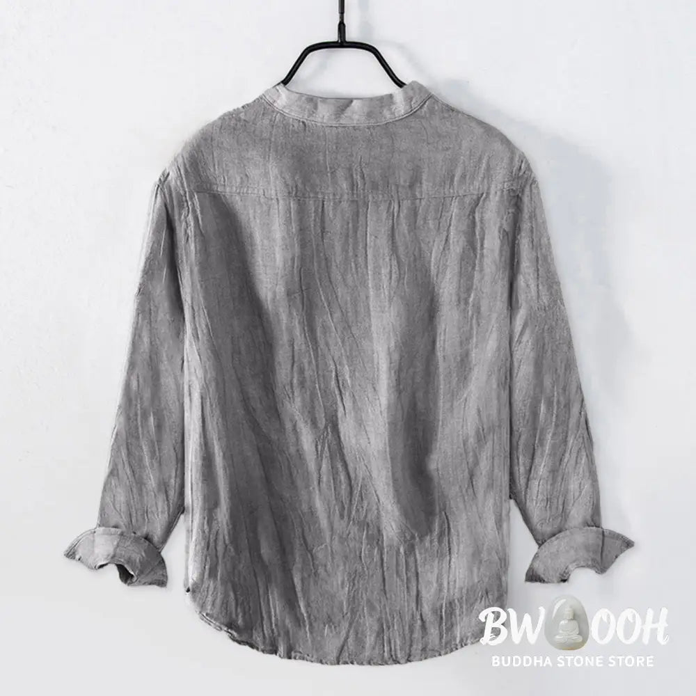 Buddha Stones Solid Color Short Sleeve Half Button Shirt Cotton Linen Men Clothing - Men&