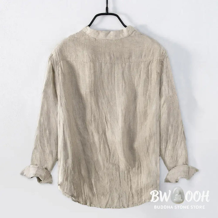 Buddha Stones Solid Color Short Sleeve Half Button Shirt Cotton Linen Men Clothing - Men&