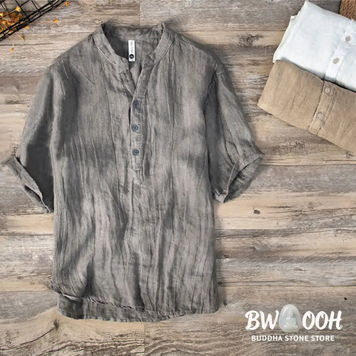 Buddha Stones Solid Color Short Sleeve Half Button Shirt Cotton Linen Men Clothing - Men&