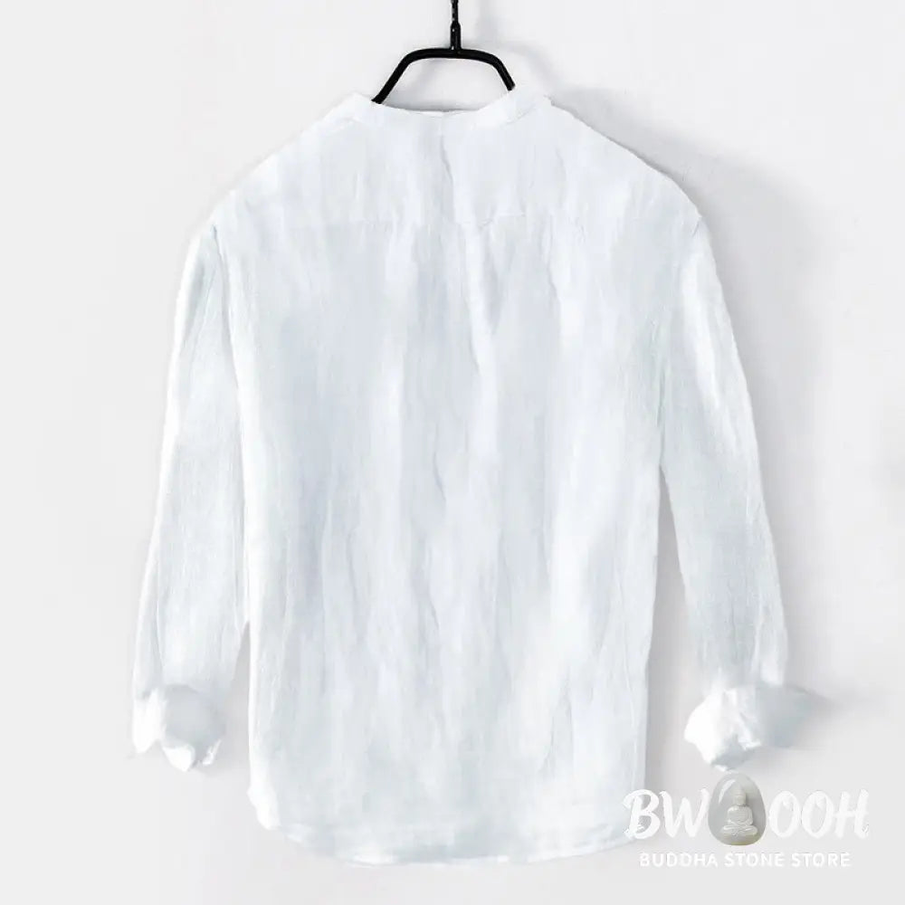 Buddha Stones Solid Color Short Sleeve Half Button Shirt Cotton Linen Men Clothing - Men&