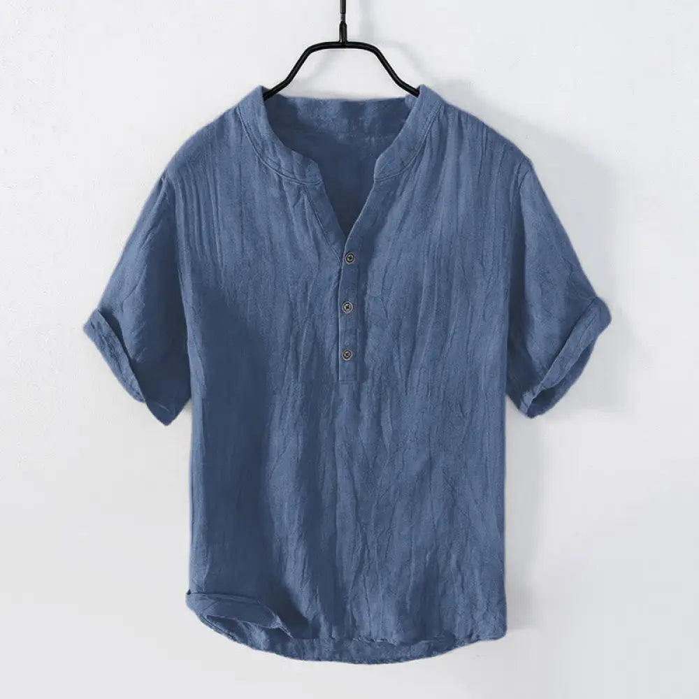 Buddha Stones Solid Color Short Sleeve Half Button Shirt Cotton Linen Men Clothing - Short Sleeve / SteelBlue