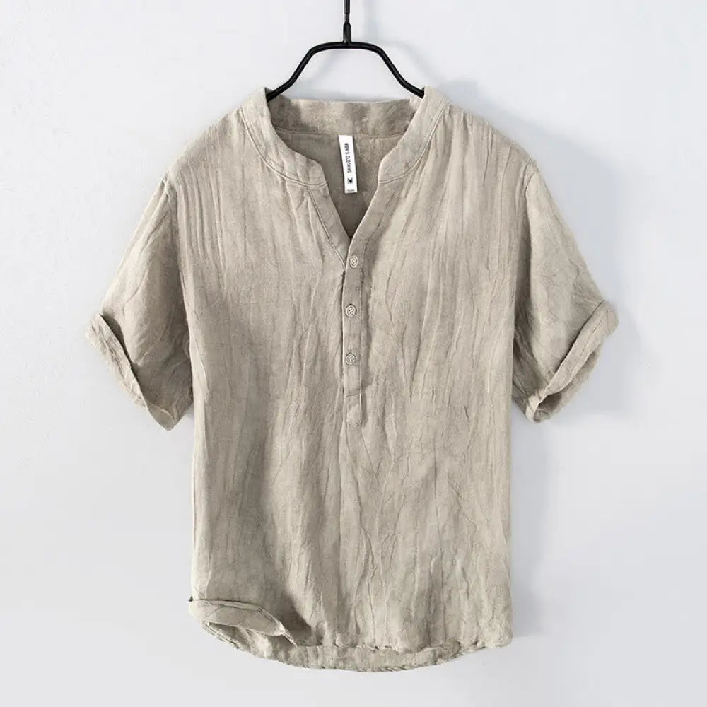 Buddha Stones Solid Color Short Sleeve Half Button Shirt Cotton Linen Men Clothing - Short Sleeve / Linen