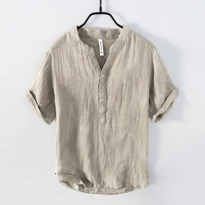 Buddha Stones Solid Color Short Sleeve Half Button Shirt Cotton Linen Men Clothing - Short Sleeve / Linen