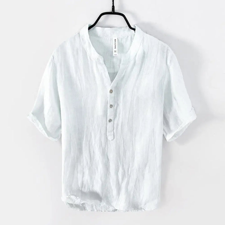 Buddha Stones Solid Color Short Sleeve Half Button Shirt Cotton Linen Men Clothing - Short Sleeve / White