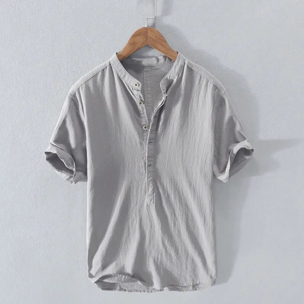 Buddha Stones Solid Color Short Sleeve Half Button Shirt Cotton Men Clothing - LightGrey / US/UK/AU36，EU46 (XL) - Men&