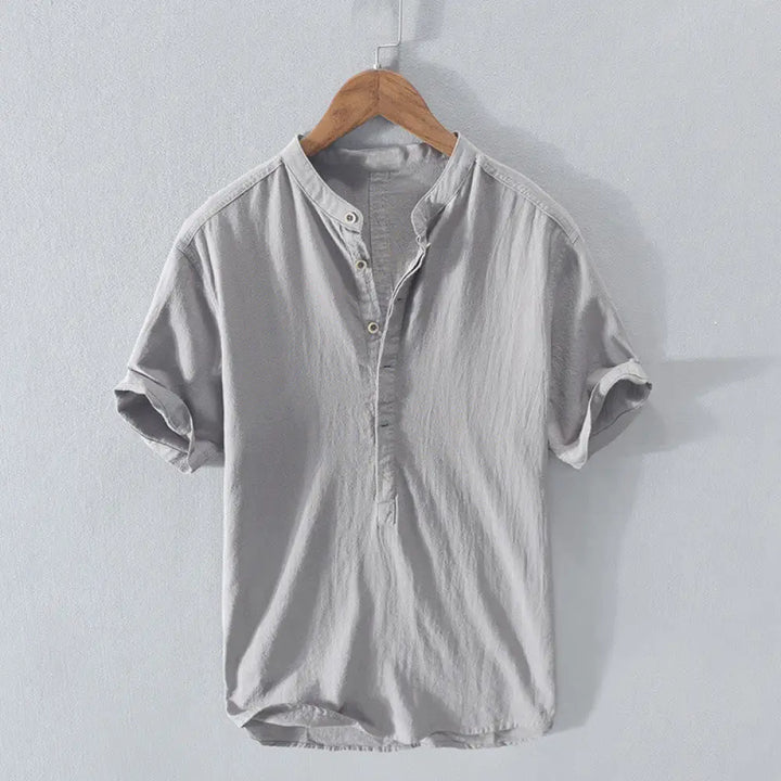 Buddha Stones Solid Color Short Sleeve Half Button Shirt Cotton Men Clothing - LightGrey / US/UK/AU36，EU46 (XL) - Men&