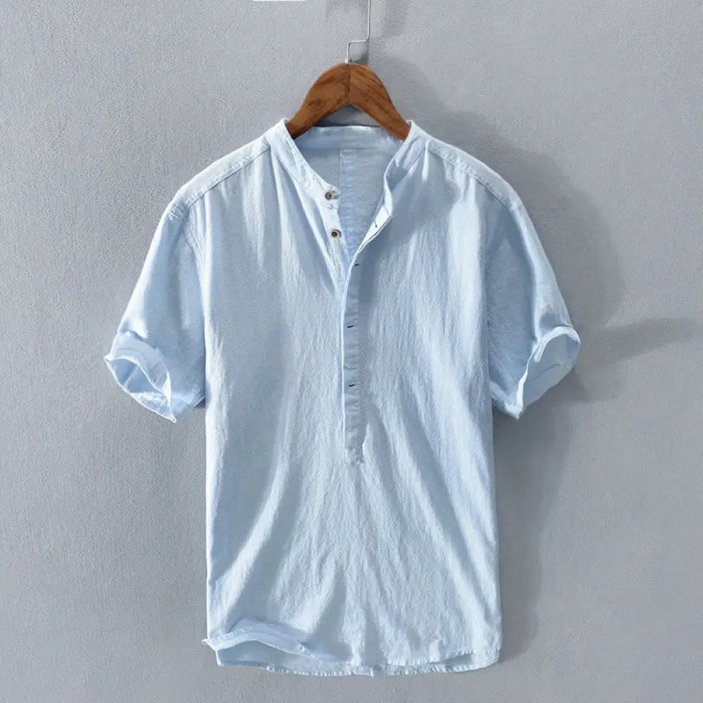 Buddha Stones Solid Color Short Sleeve Half Button Shirt Cotton Men Clothing - LightSkyBlue / US/UK/AU36，EU46 (XL)