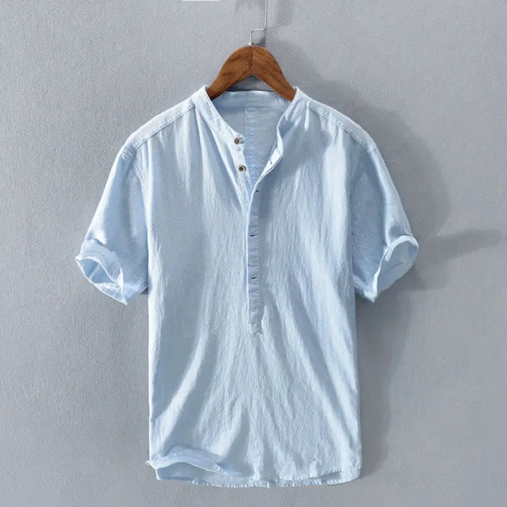 Buddha Stones Solid Color Short Sleeve Half Button Shirt Cotton Men Clothing - LightSkyBlue / US/UK/AU36，EU46 (XL)