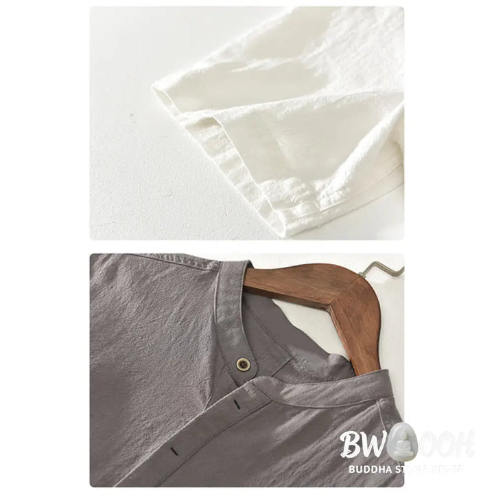 Buddha Stones Solid Color Short Sleeve Half Button Shirt Cotton Men Clothing - Men&