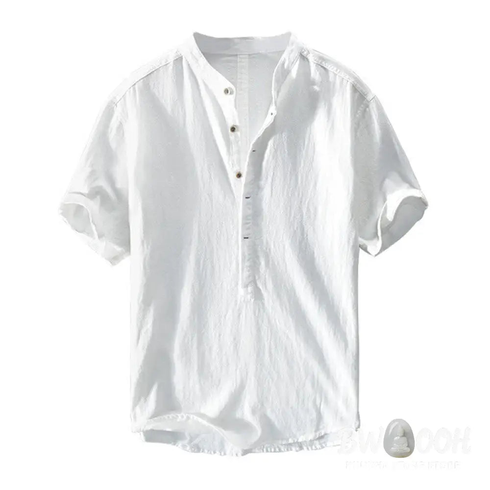 Buddha Stones Solid Color Short Sleeve Half Button Shirt Cotton Men Clothing - Men&