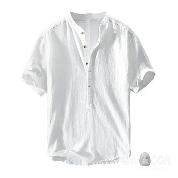 Buddha Stones Solid Color Short Sleeve Half Button Shirt Cotton Men Clothing - Men&